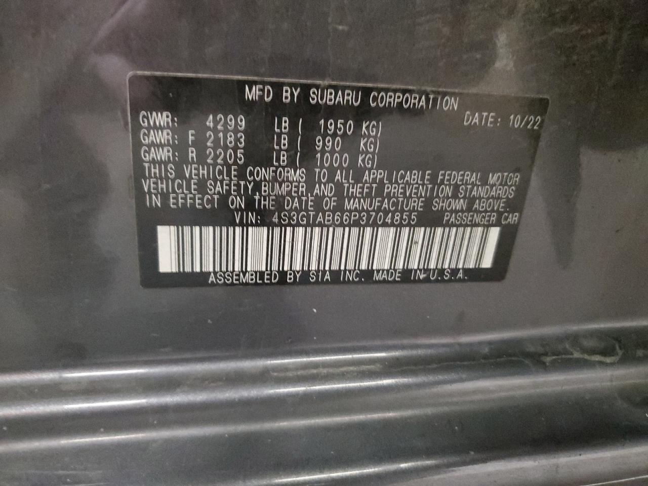 2023 SUBARU IMPREZA VIN:4S3GTAB66P3704855