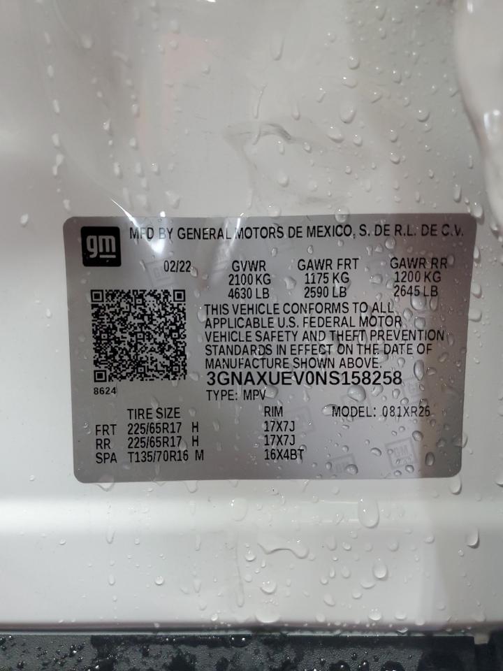 2022 CHEVROLET EQUINOX LT VIN:3GNAXUEV0NS158258