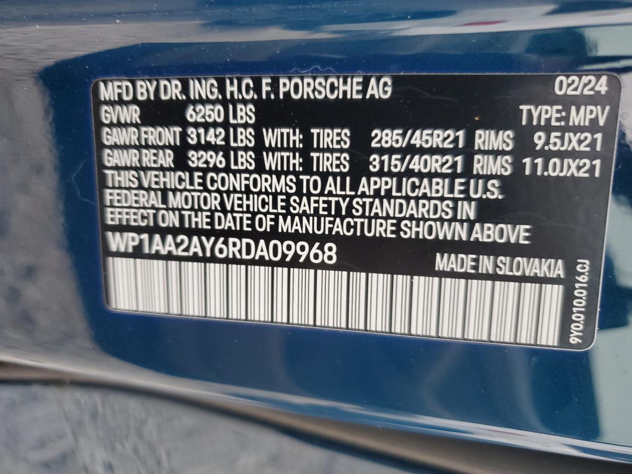 2024 PORSCHE CAYENNE VIN:WP1AA2AY6RDA09968