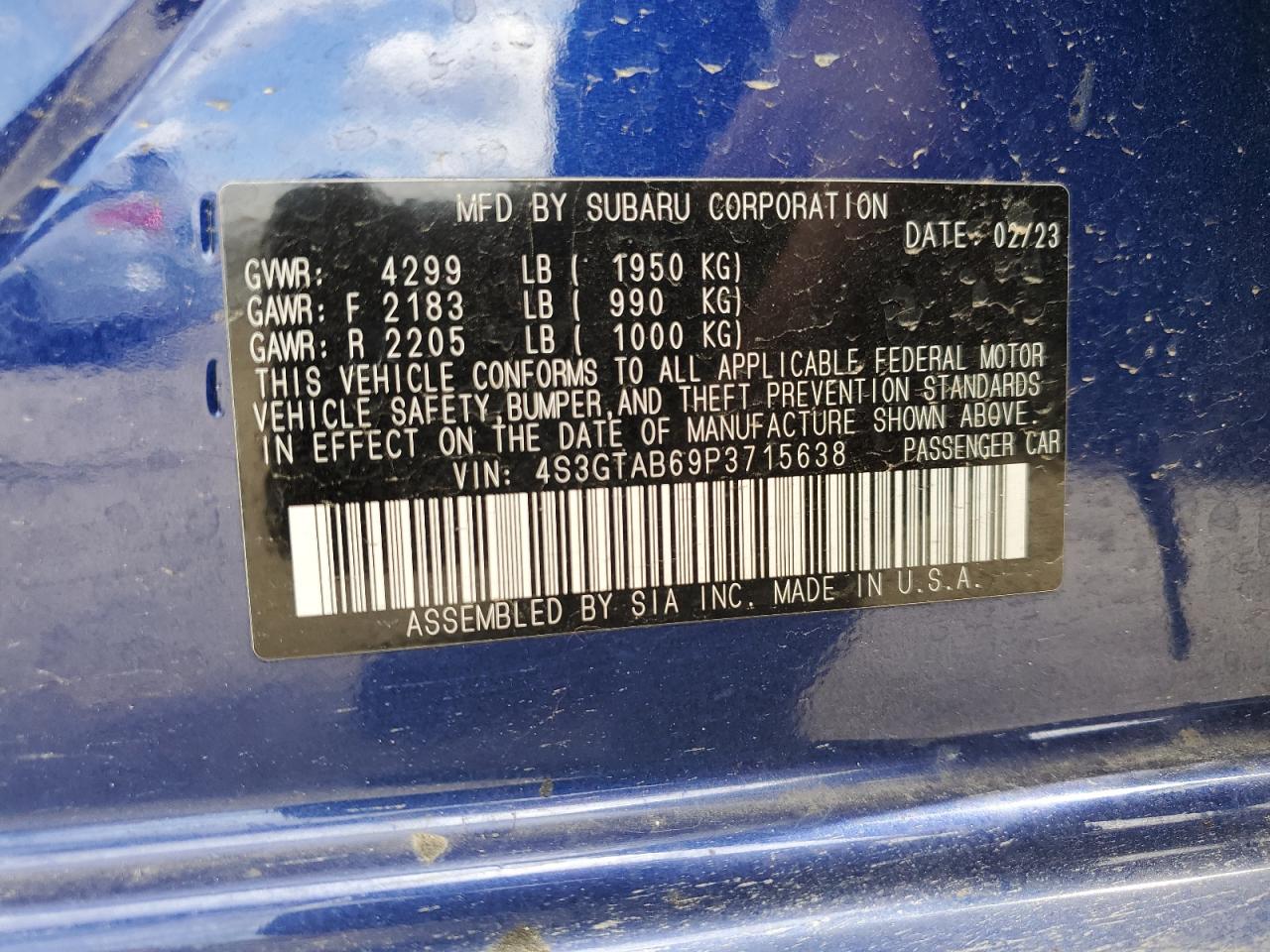 2023 SUBARU IMPREZA VIN:4S3GTAB69P3715638