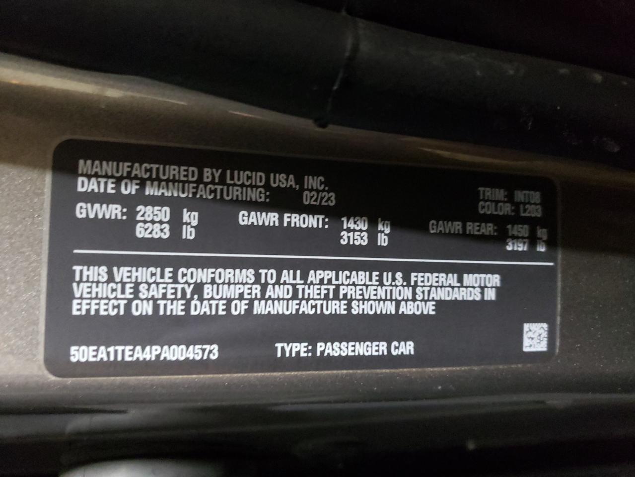2023 LUCID MOTORS AIR TOURING VIN:50EA1TEA4PA004573