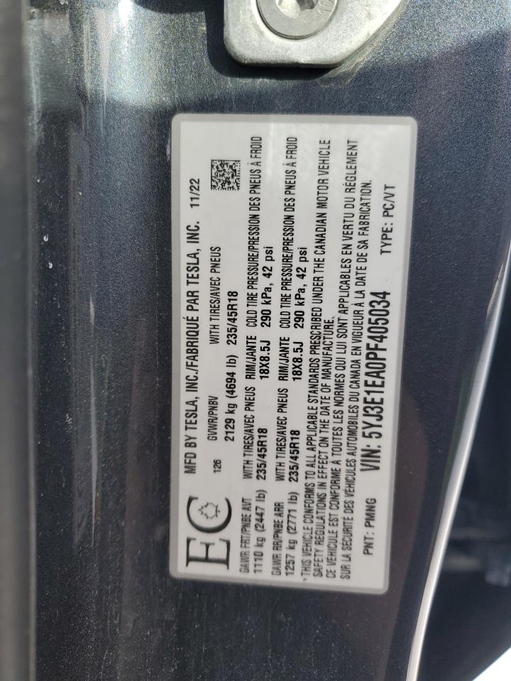 2023 TESLA MODEL 3 VIN:5YJ3E1EA0PF405034