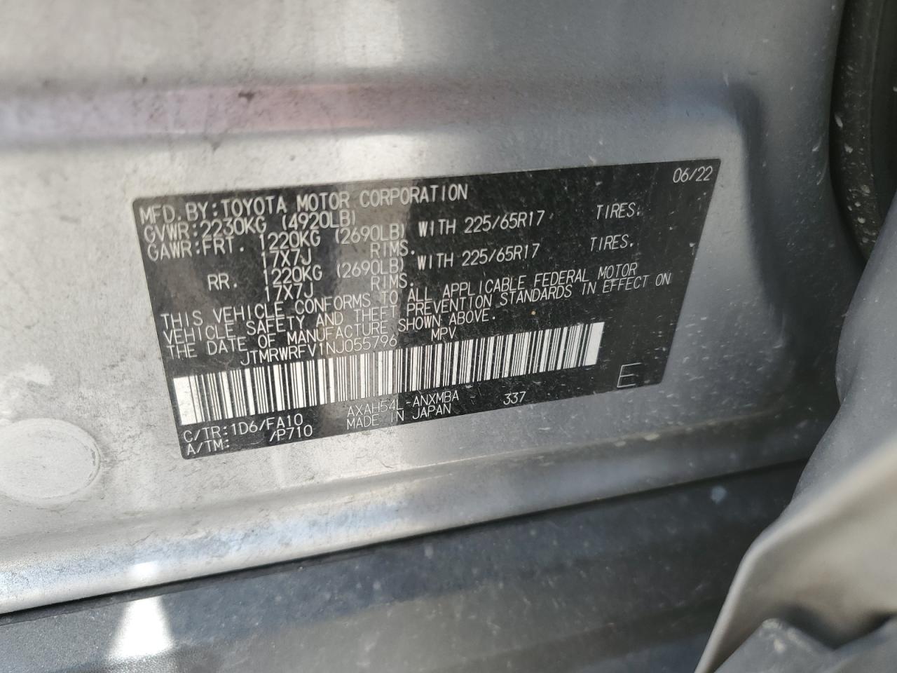 2022 TOYOTA RAV4 XLE VIN:JTMRWRFV1NJ055796