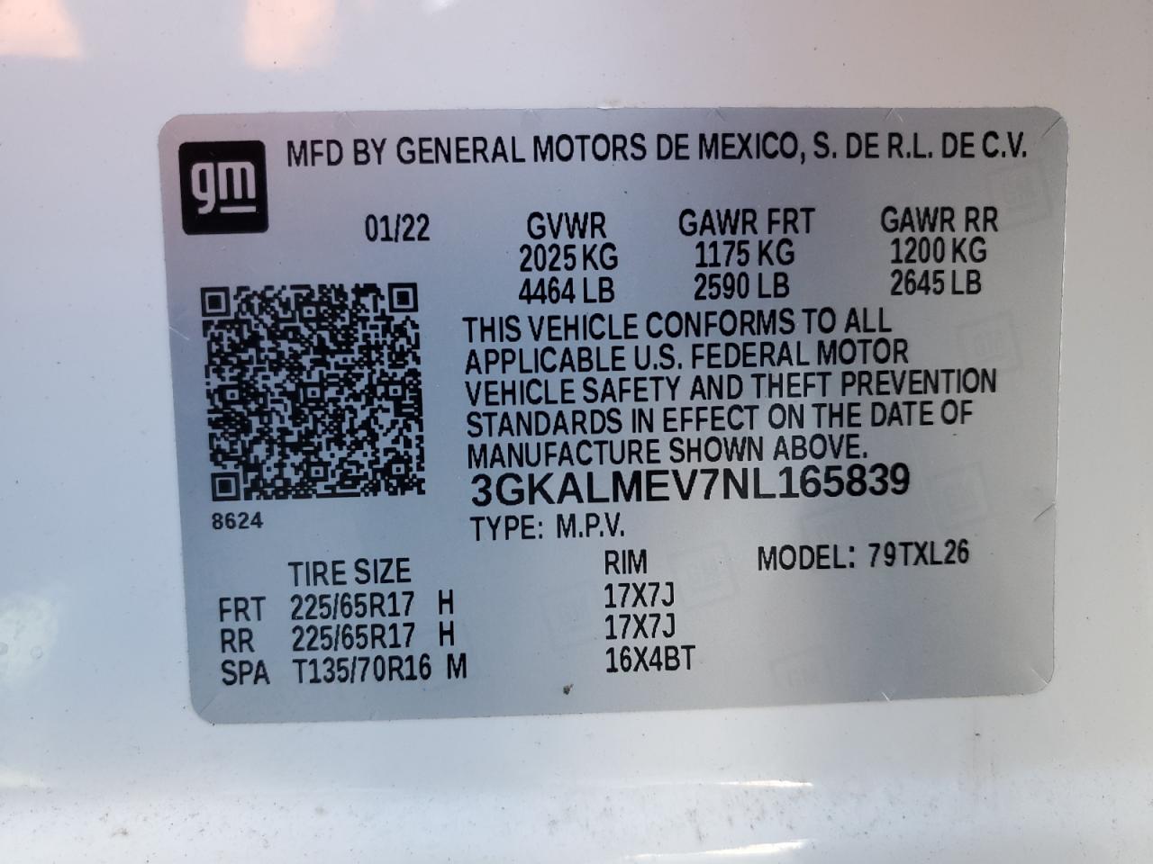 2022 GMC TERRAIN SLE VIN:3GKALMEV7NL165839