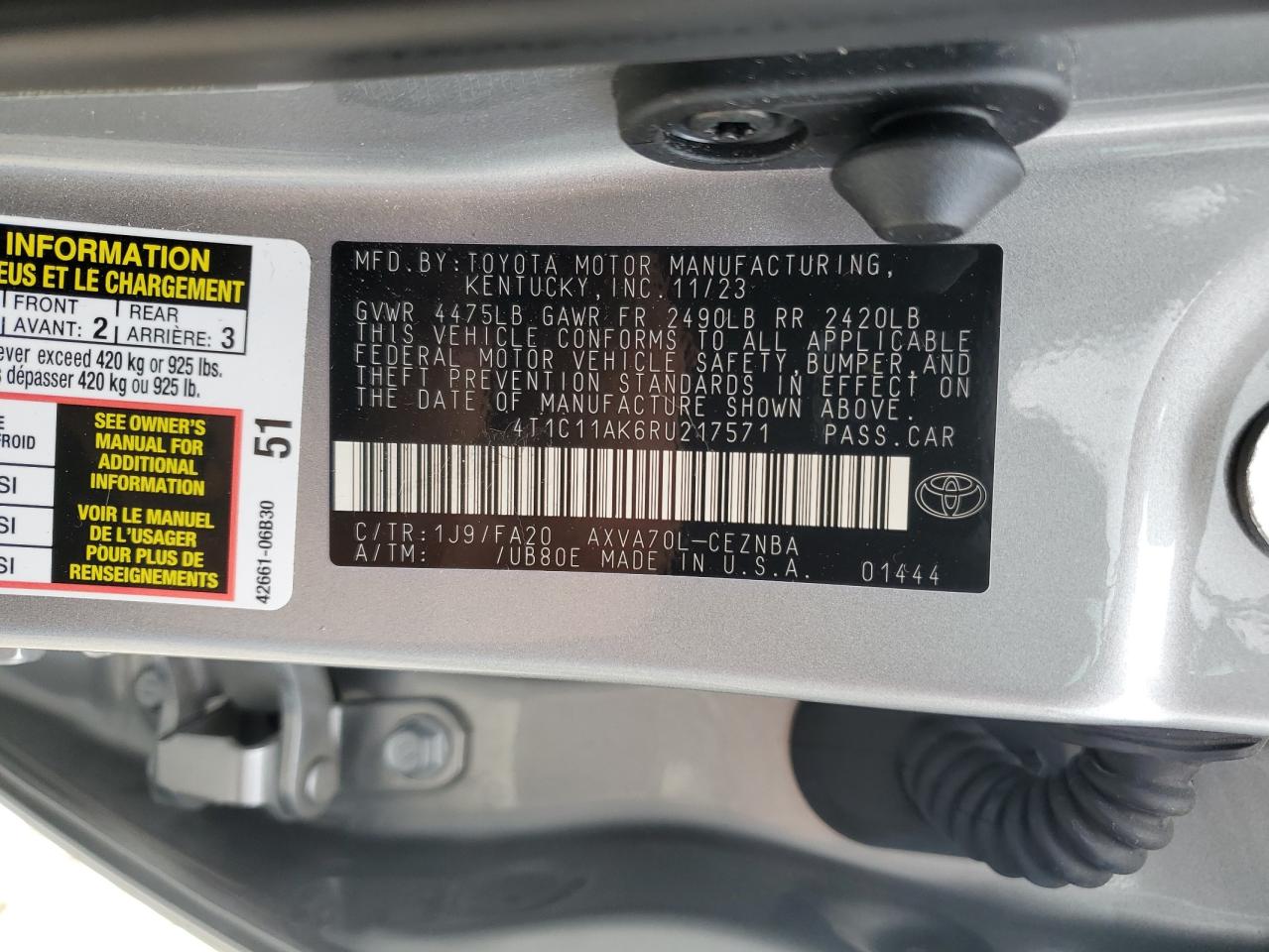 2024 TOYOTA CAMRY LE VIN:4T1C11AK6RU217571