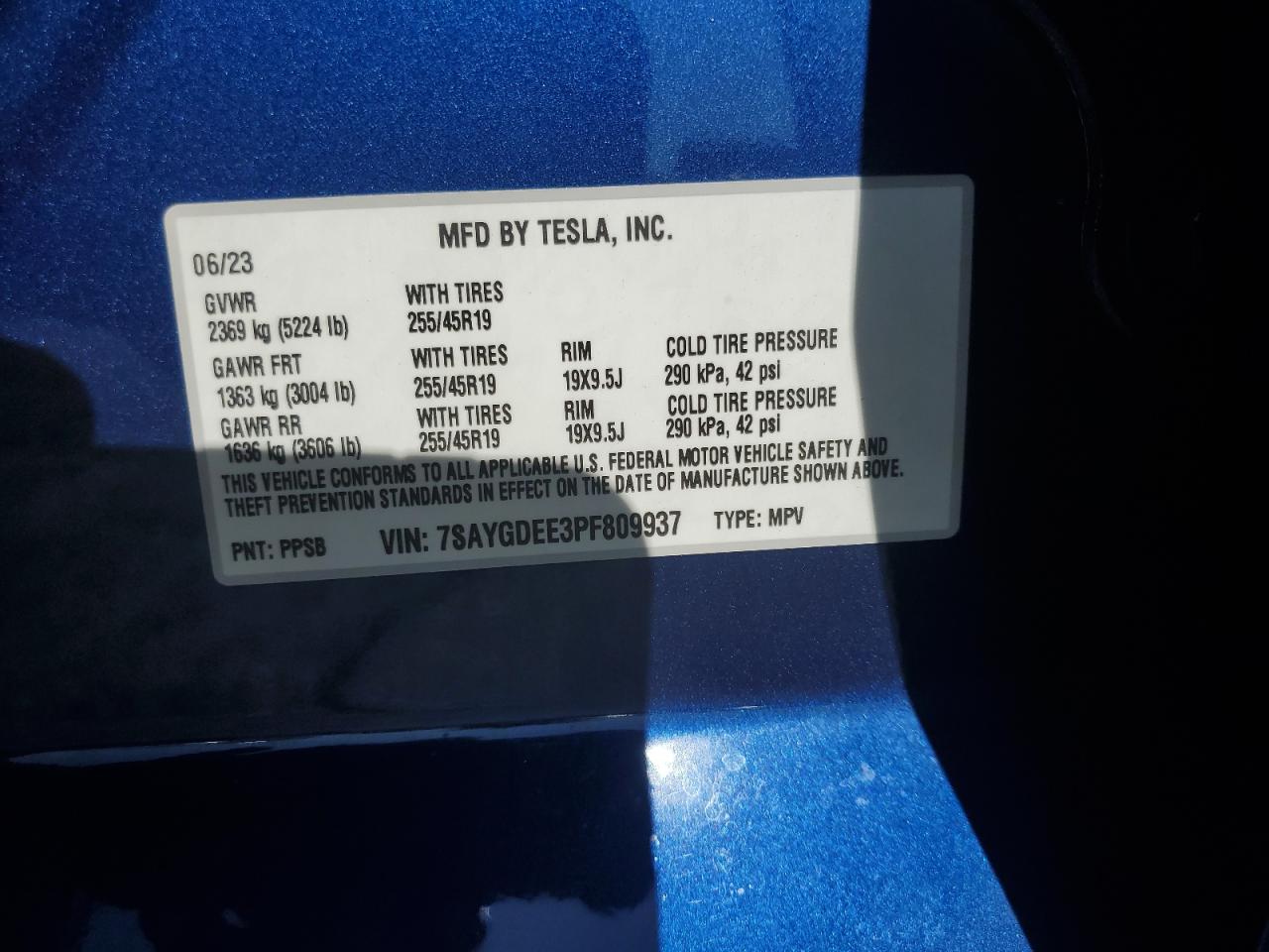 2023 TESLA MODEL Y VIN:7SAYGDEE3PF809937
