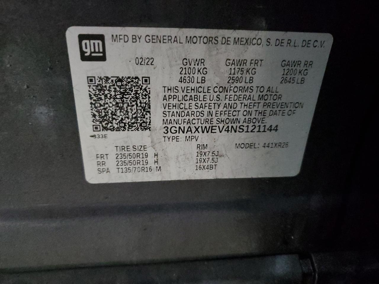 2022 CHEVROLET EQUINOX RS VIN:3GNAXWEV4NS121144