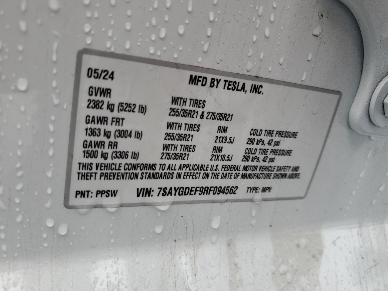 2024 TESLA MODEL Y VIN:7SAYGDEF9RF094562