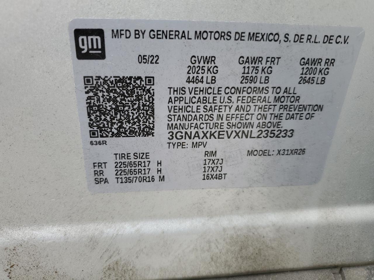 2022 CHEVROLET EQUINOX LT VIN:3GNAXKEVXNL235233