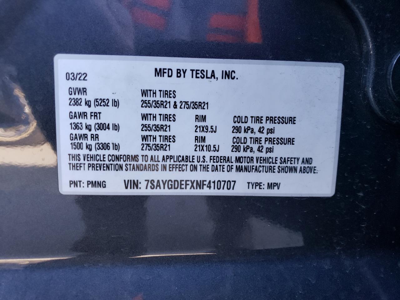 2022 TESLA MODEL Y VIN:7SAYGDEFXNF410707