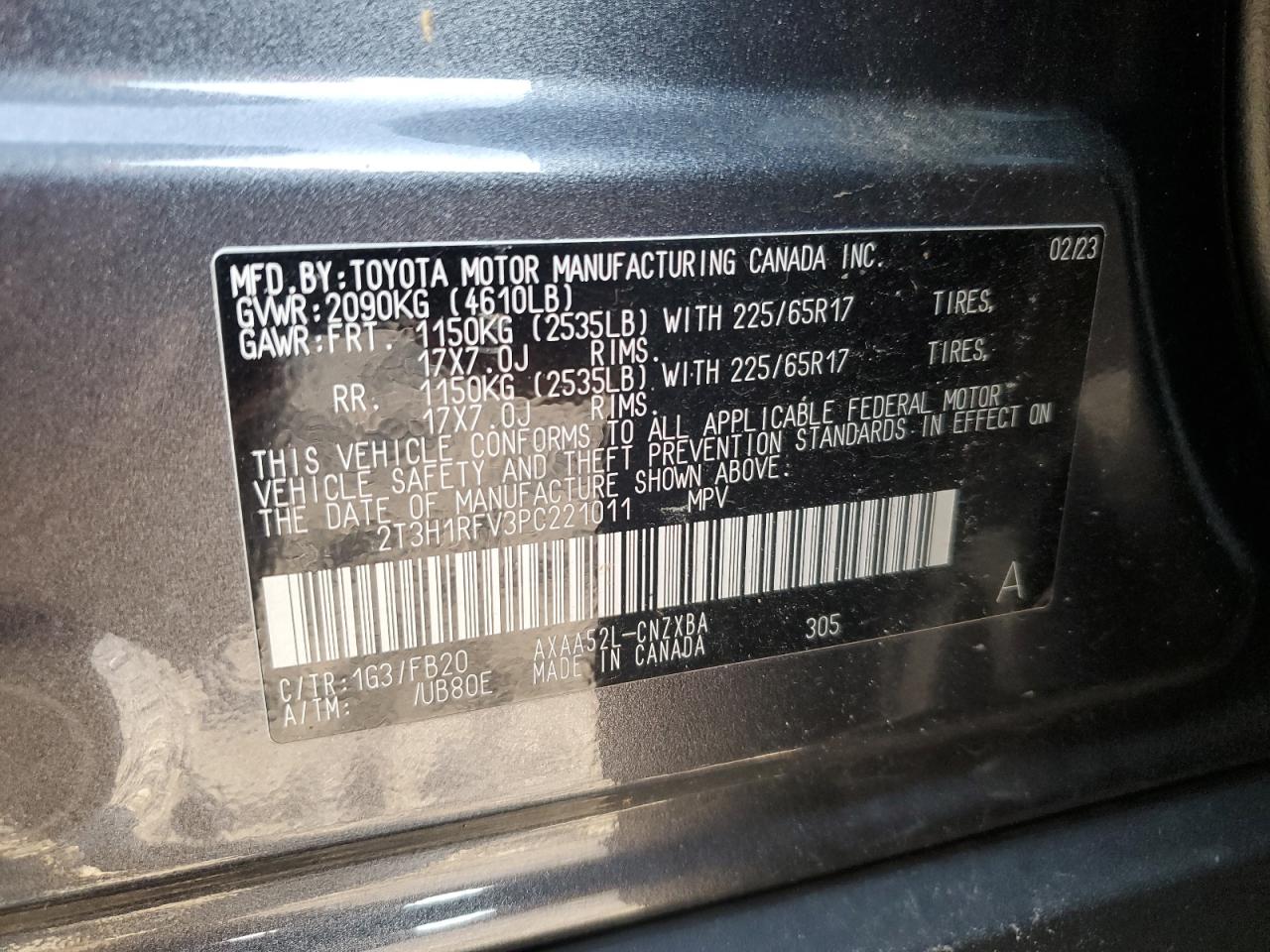 2023 TOYOTA RAV4 LE VIN:2T3H1RFV3PC221011