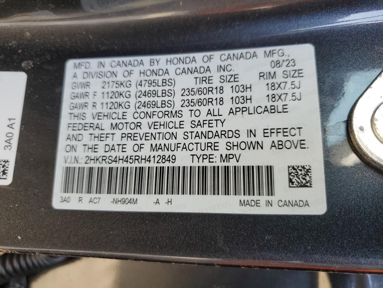 2024 HONDA CR-V EX VIN:2HKRS4H45RH412849