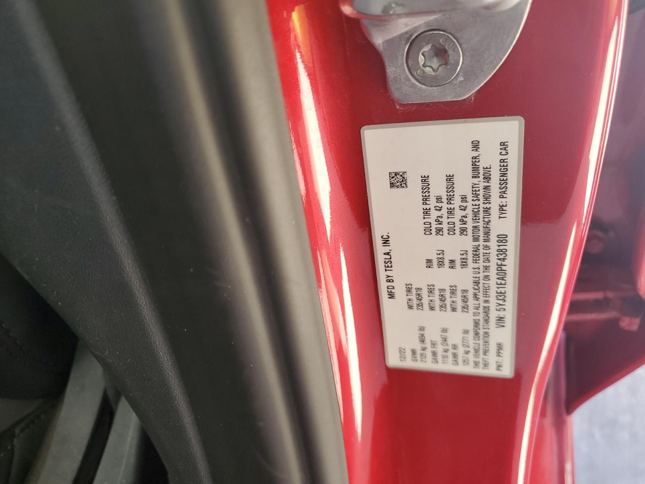 2023 TESLA MODEL 3 VIN:5YJ3E1EA0PF438180