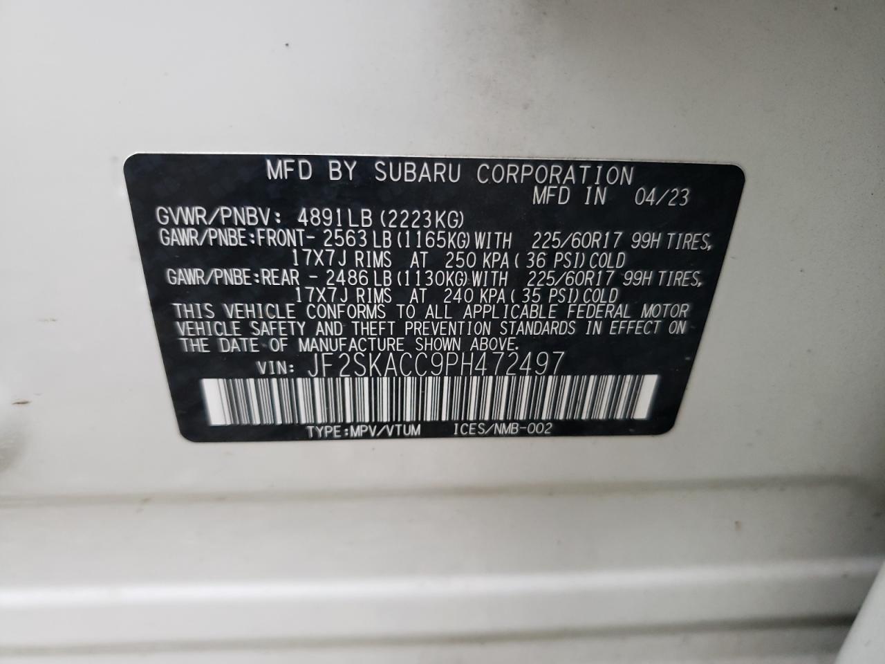 2023 SUBARU FORESTER VIN:JF2SKACC9PH472497