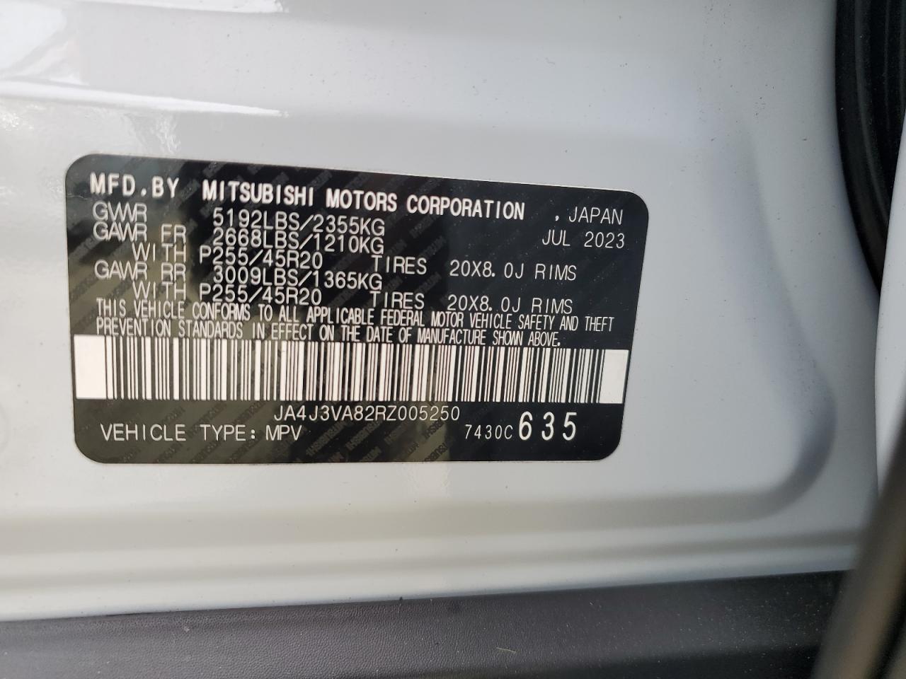 2024 MITSUBISHI OUTLANDER SE VIN:JA4J3VA82RZ005250