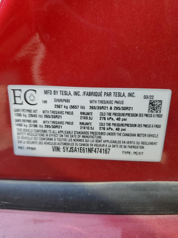 2022 TESLA MODEL S VIN:5YJSA1E61NF474167
