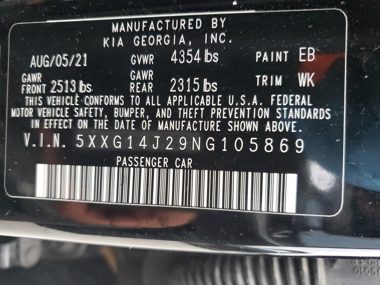 2022 KIA K5 LXS VIN:5XXG14J29NG105869