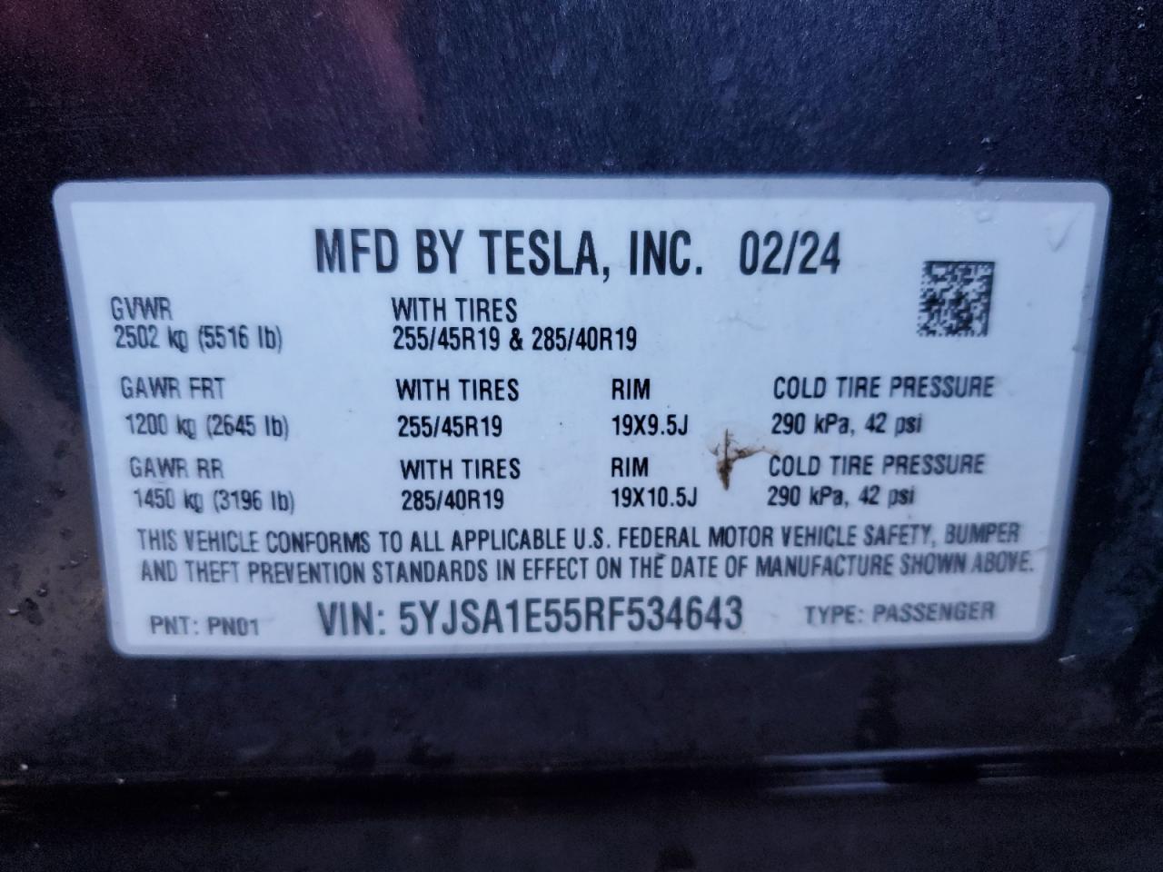 2024 TESLA MODEL S VIN:5YJSA1E55RF534643