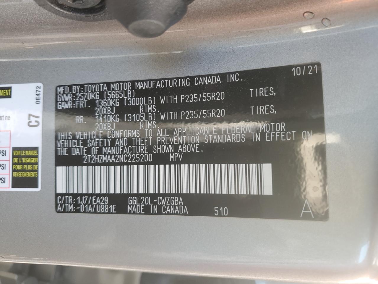 2022 LEXUS RX 350 VIN:2T2HZMAA2NC225200