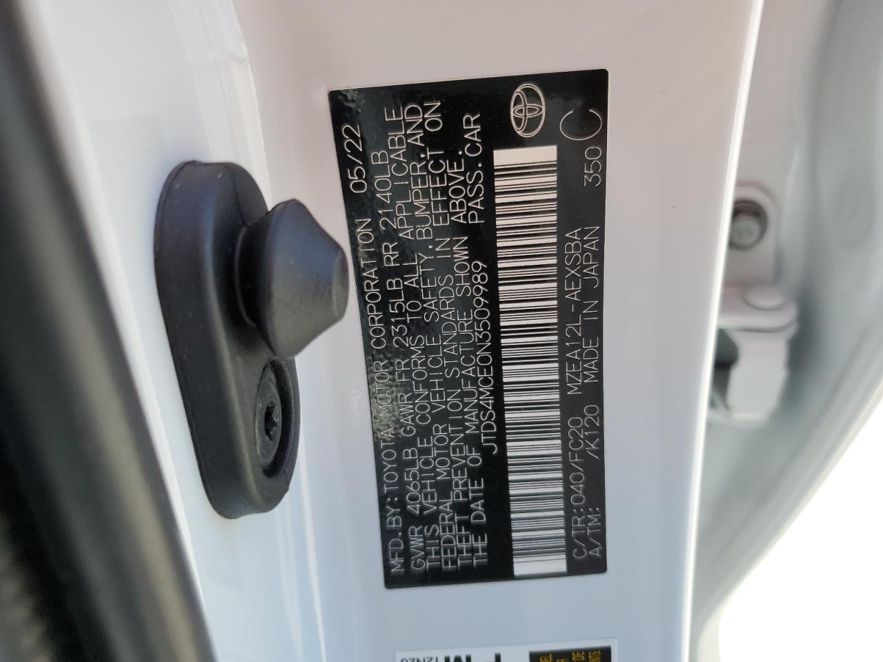 2022 TOYOTA COROLLA SE VIN:JTDS4MCE0N3509989