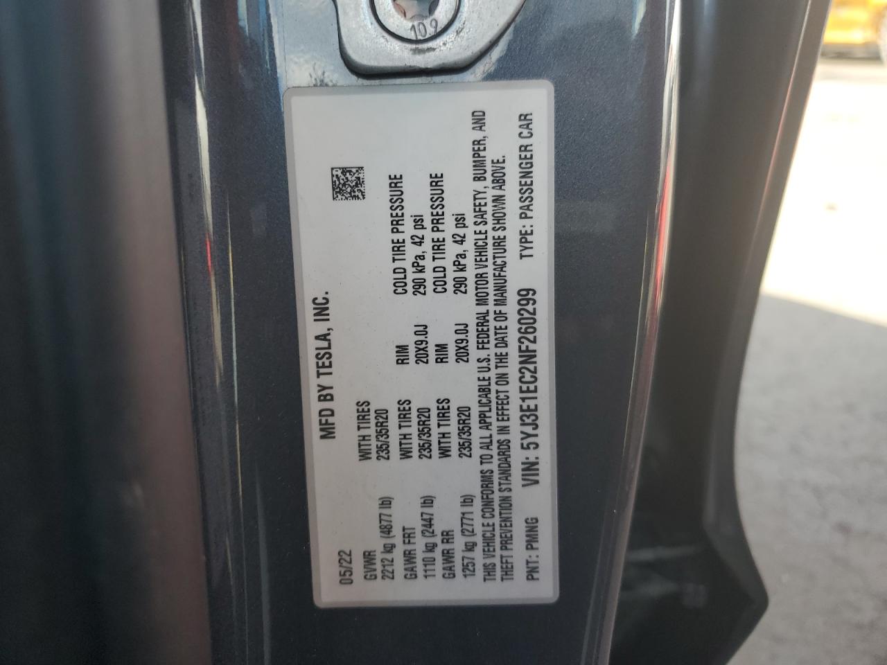 2022 TESLA MODEL 3 VIN:5YJ3E1EC2NF260299