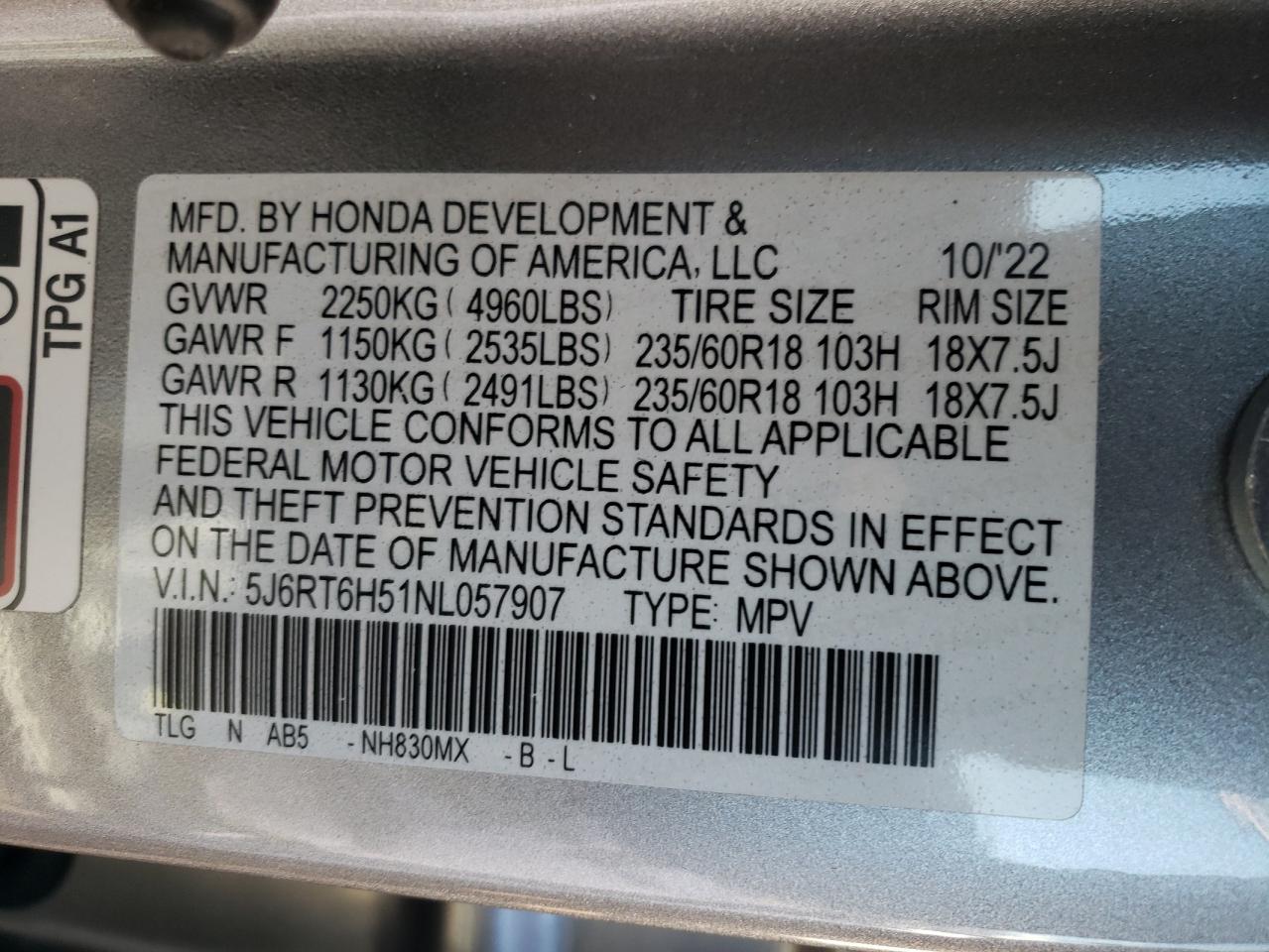 2022 HONDA CR-V EX VIN:5J6RT6H51NL057907