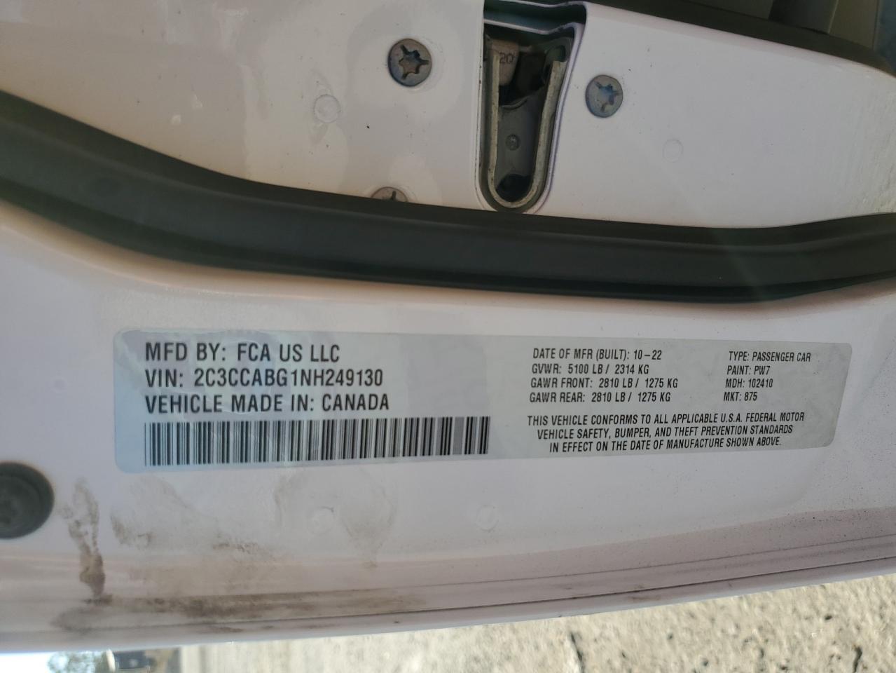 2022 CHRYSLER 300 S VIN:2C3CCABG1NH249130