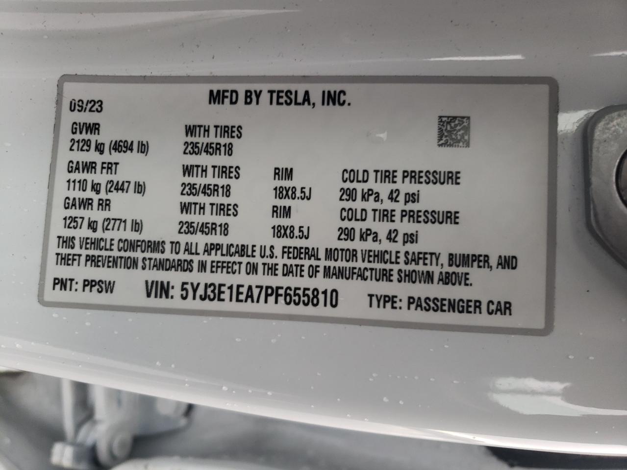 2023 TESLA MODEL 3 VIN:5YJ3E1EA7PF655810