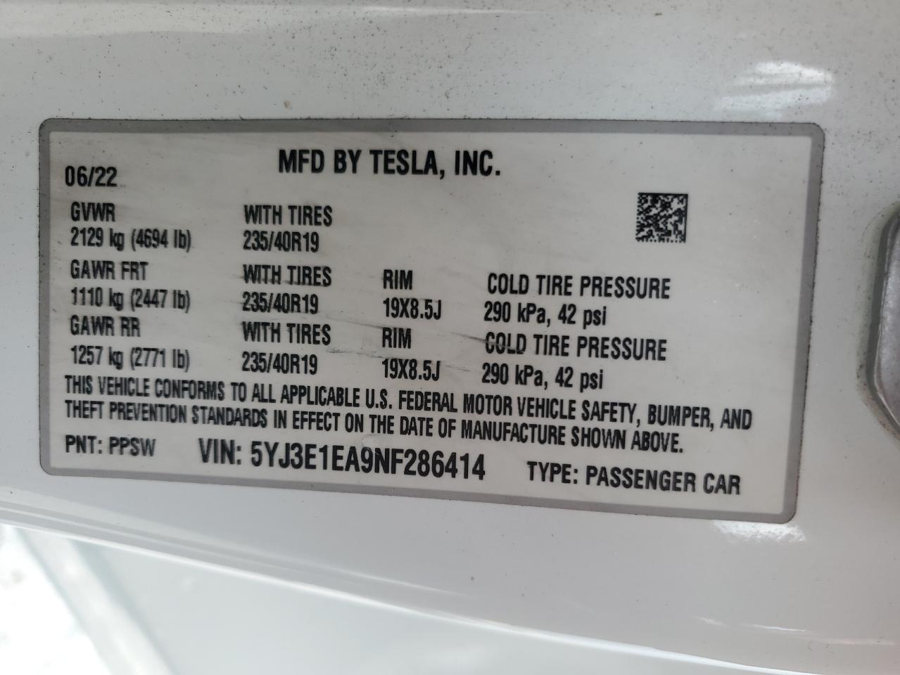 2022 TESLA MODEL 3 VIN:5YJ3E1EA9NF286414
