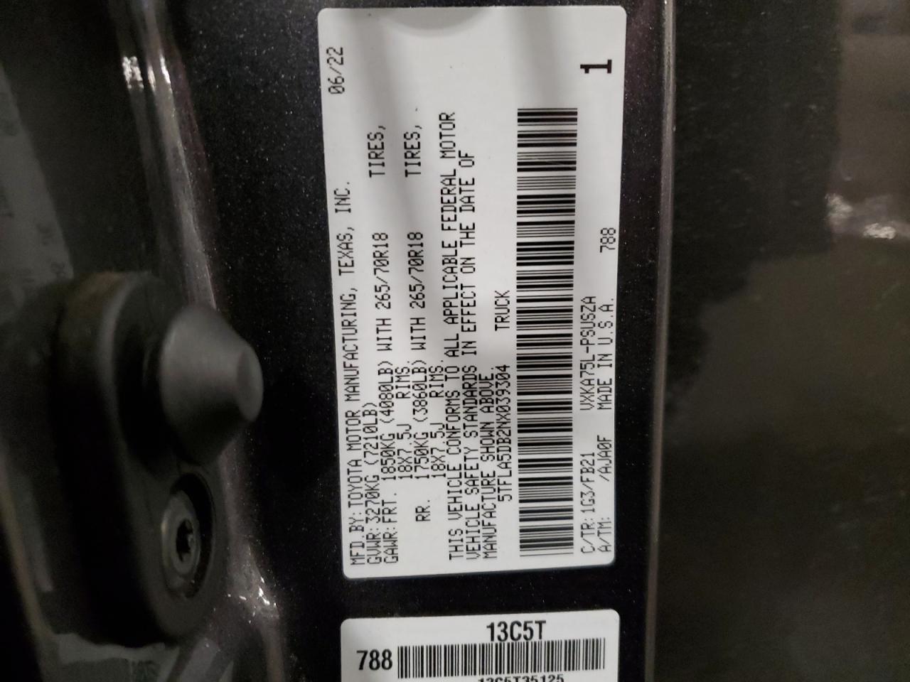 2022 TOYOTA TUNDRA CREWMAX SR VIN:5TFLA5DB2NX039304