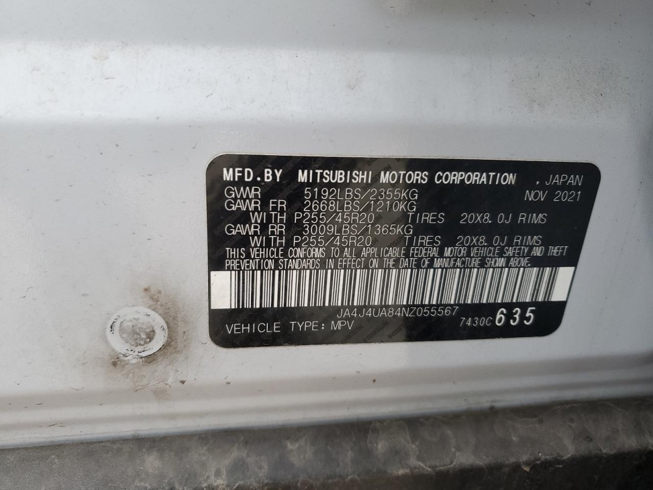 2022 MITSUBISHI OUTLANDER SE VIN:JA4J4UA84NZ055567