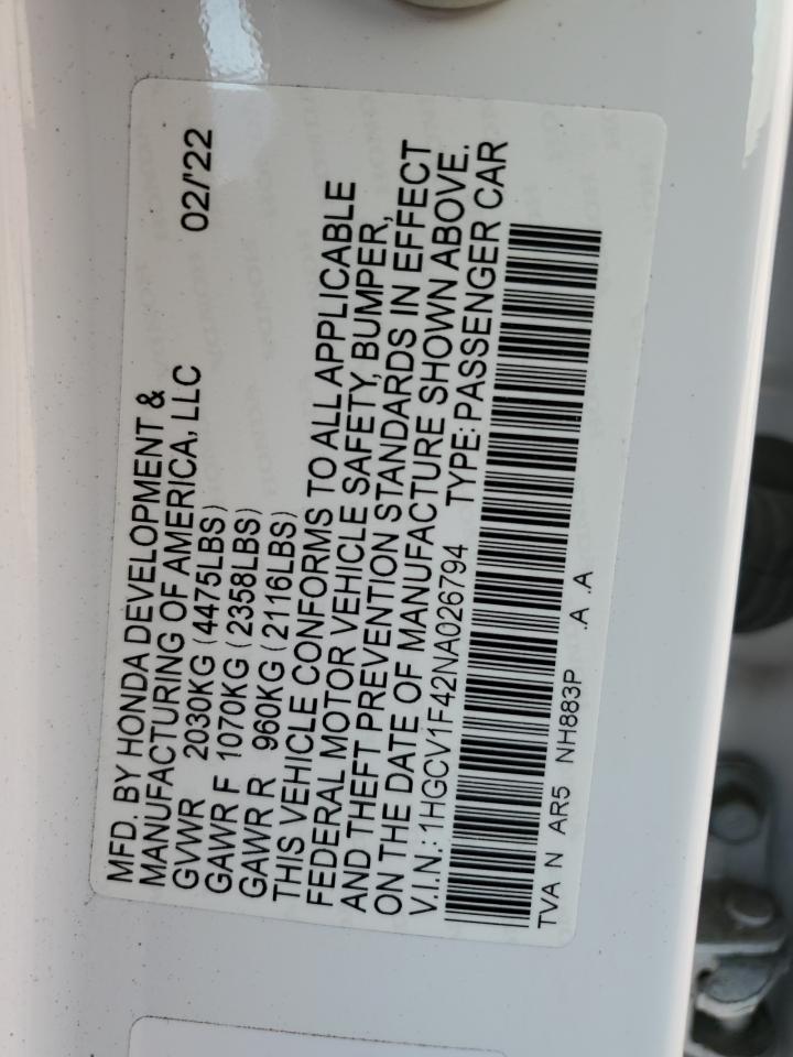 2022 HONDA ACCORD SPORT SE VIN:1HGCV1F42NA026794