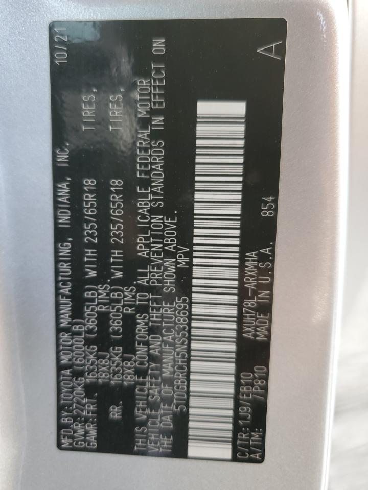 2022 TOYOTA HIGHLANDER HYBRID XLE VIN:5TDGBRCH5NS538695