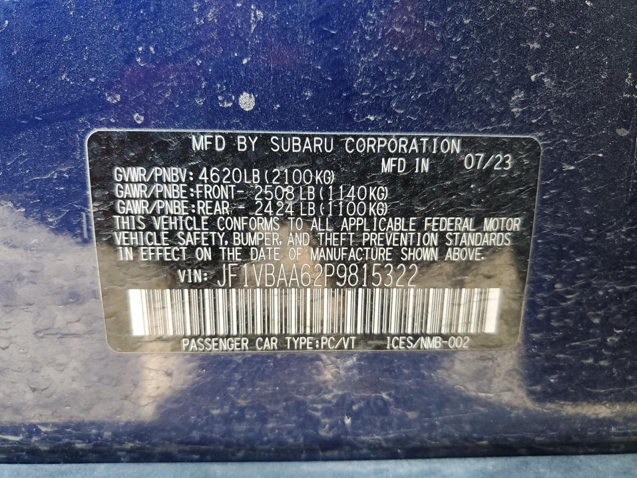 2023 SUBARU WRX VIN:JF1VBAA62P9815322