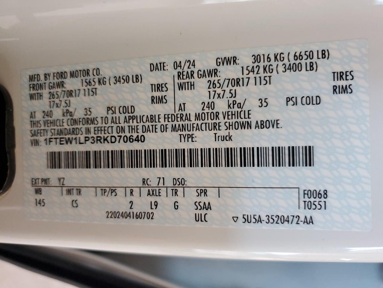 2024 FORD F150 XL VIN:1FTEW1LP3RKD70640