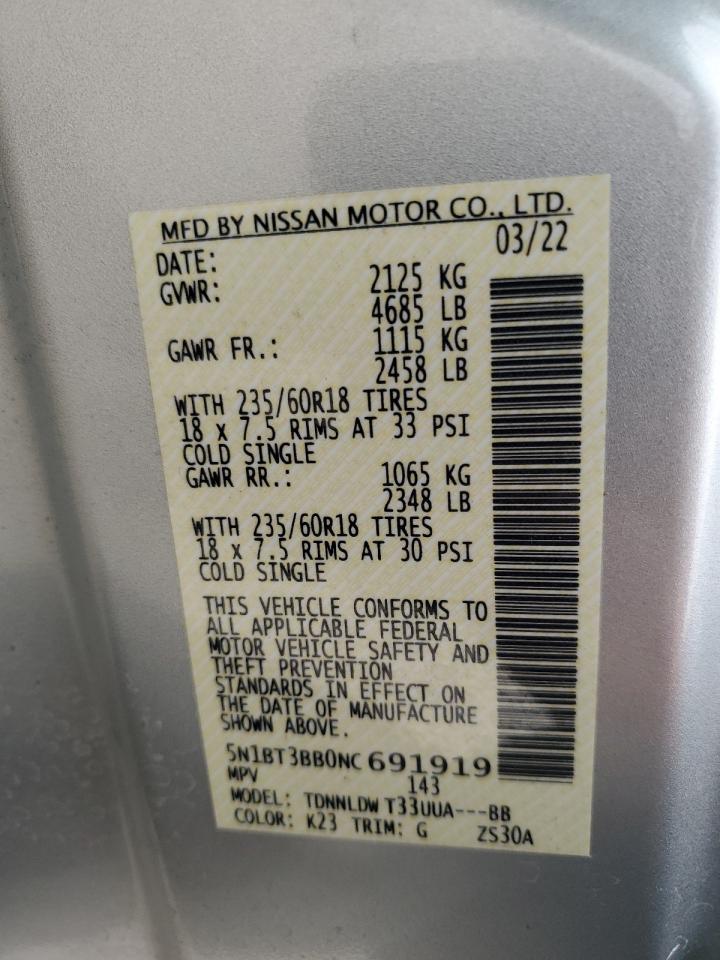 2022 NISSAN ROGUE SV VIN:5N1BT3BB0NC691919