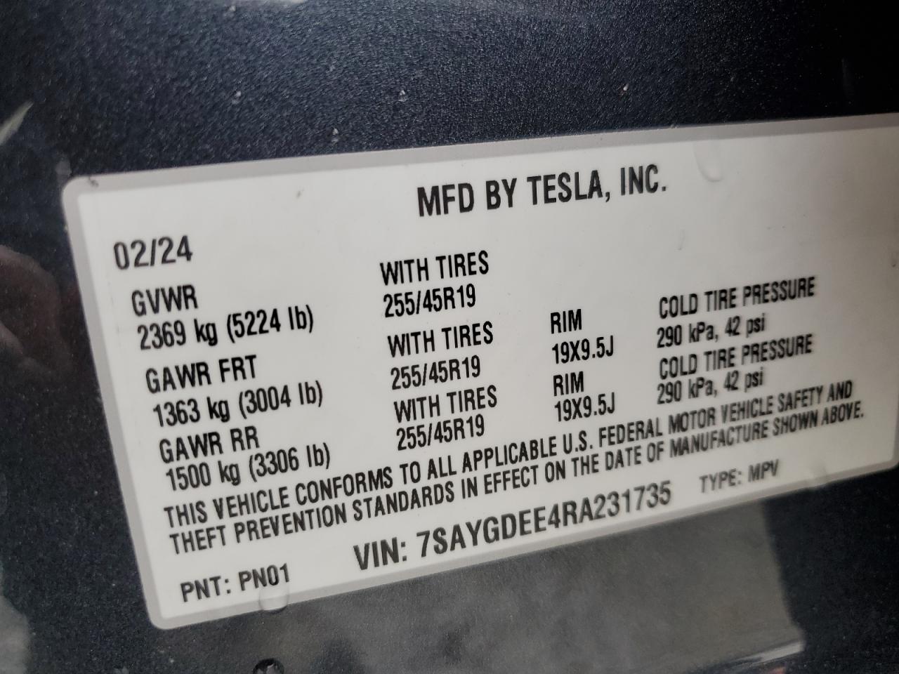 2024 TESLA MODEL Y VIN:7SAYGDEE4RA231735