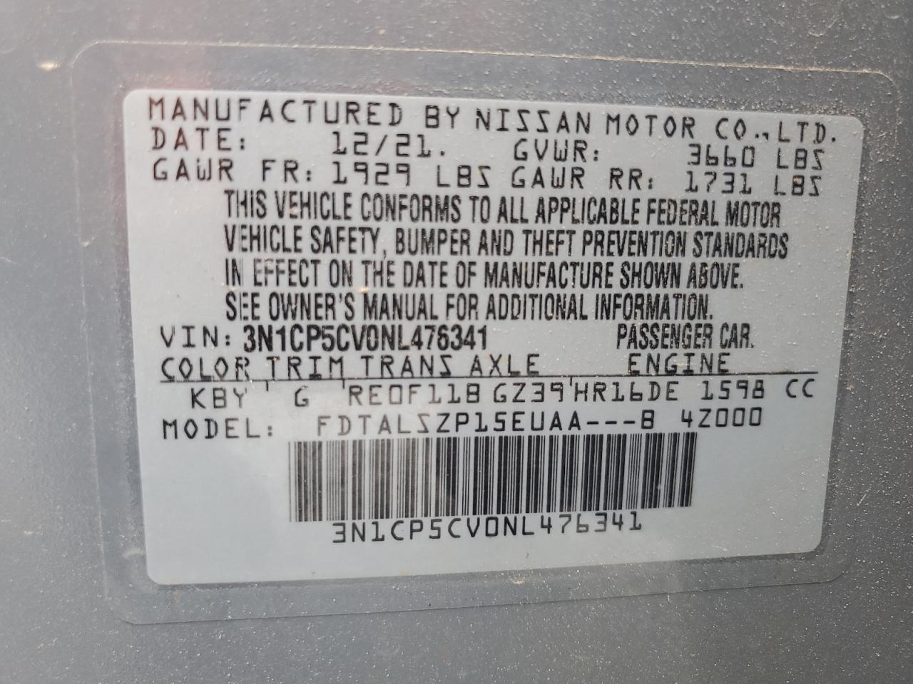 2022 NISSAN KICKS SV VIN:3N1CP5CV0NL476341