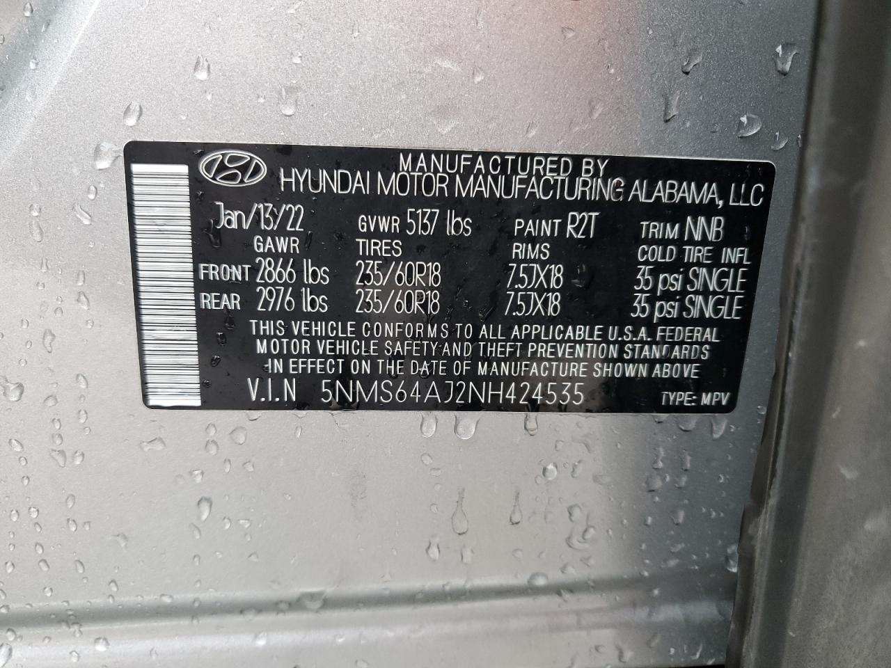 2022 HYUNDAI SANTA FE SEL VIN:5NMS64AJ2NH424535