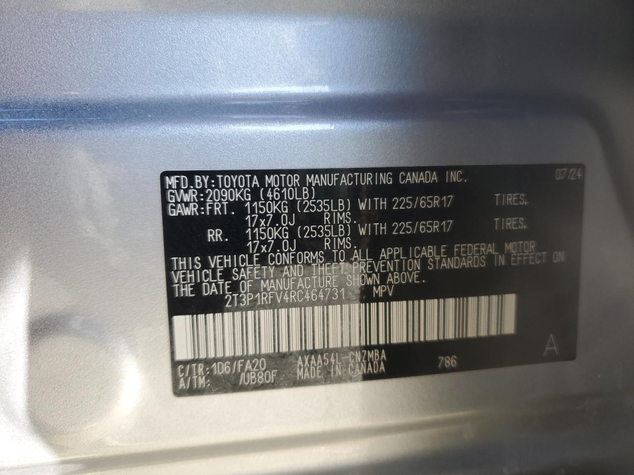 2024 TOYOTA RAV4 XLE VIN:2T3P1RFV4RC464731