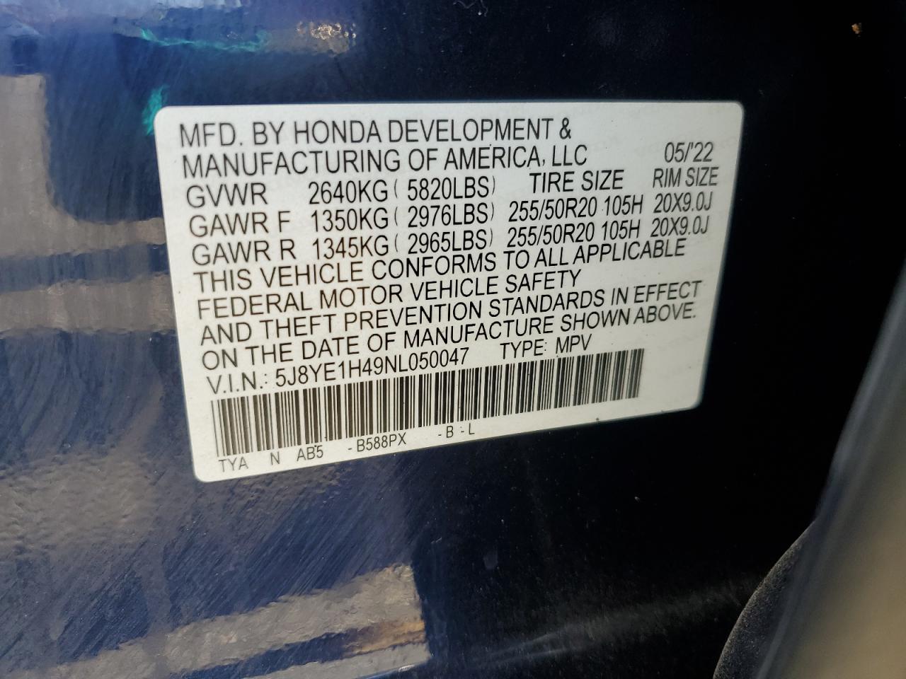 2022 ACURA MDX TECHNOLOGY VIN:5J8YE1H49NL050047