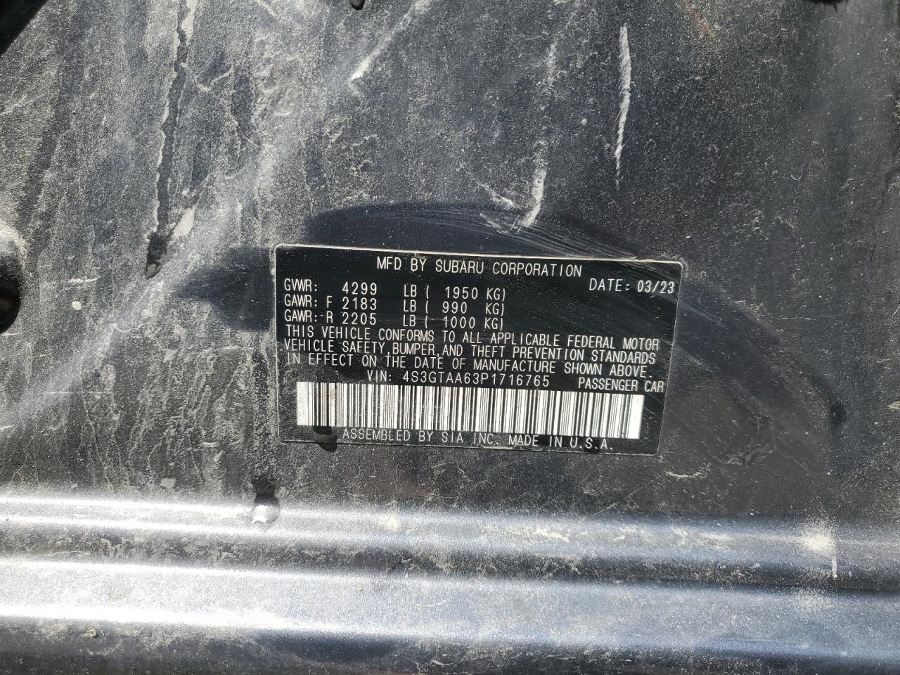 2023 SUBARU IMPREZA VIN:4S3GTAA63P1716765