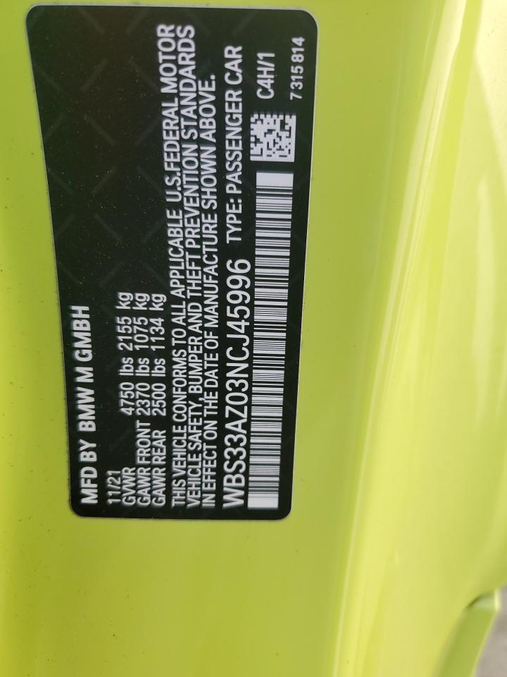 2022 BMW M4 COMPETITION VIN:WBS33AZ03NCJ45996