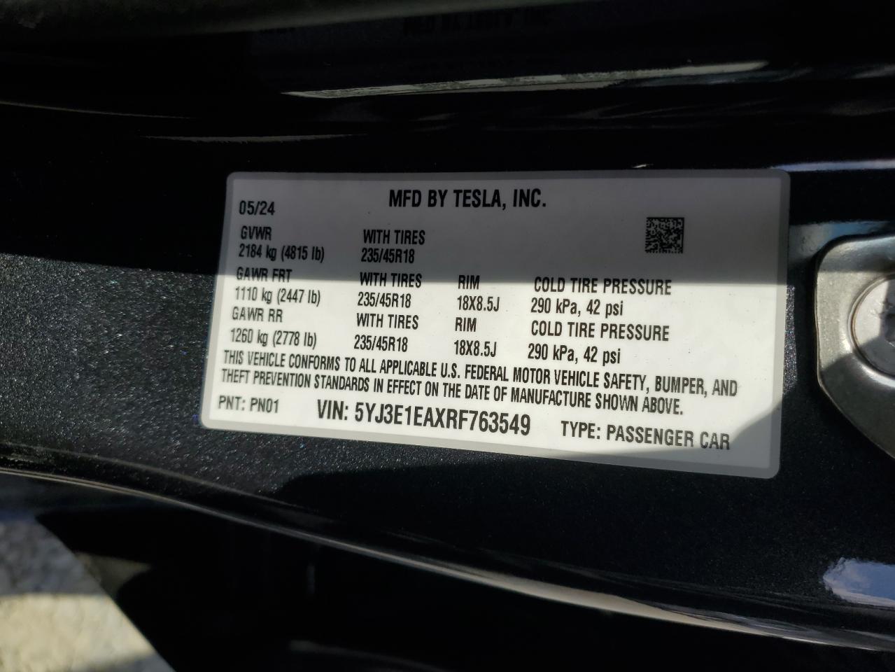 2024 TESLA MODEL 3 VIN:5YJ3E1EAXRF763549