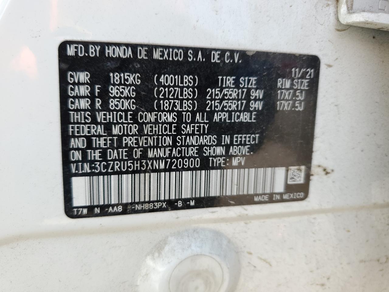 2022 HONDA HR-V LX VIN:3CZRU5H3XNM720900