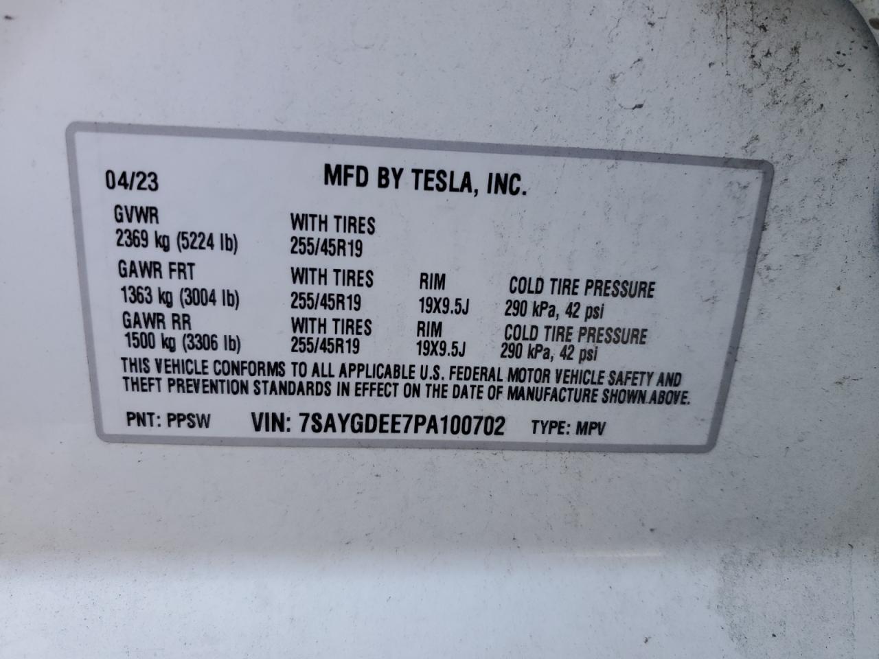 2023 TESLA MODEL Y VIN:7SAYGDEE7PA100702