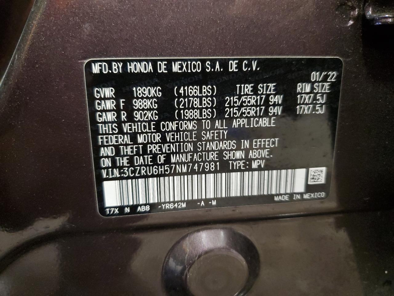 2022 HONDA HR-V EX VIN:3CZRU6H57NM747981