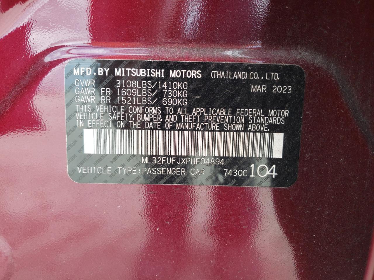 2023 MITSUBISHI MIRAGE G4 ES VIN:ML32FUFJXPHF04894