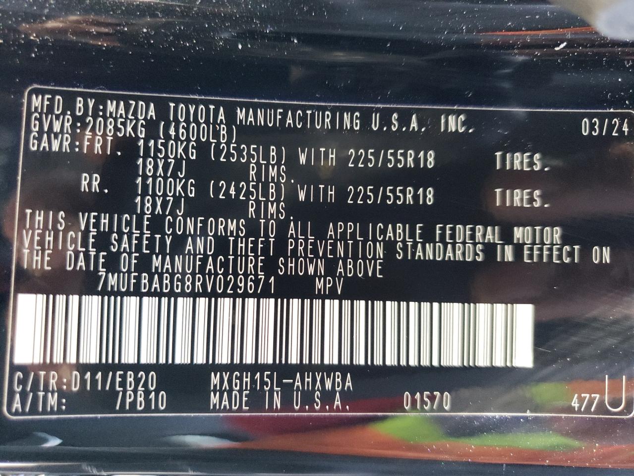 2024 TOYOTA COROLLA CROSS SE VIN:7MUFBABG8RV029671