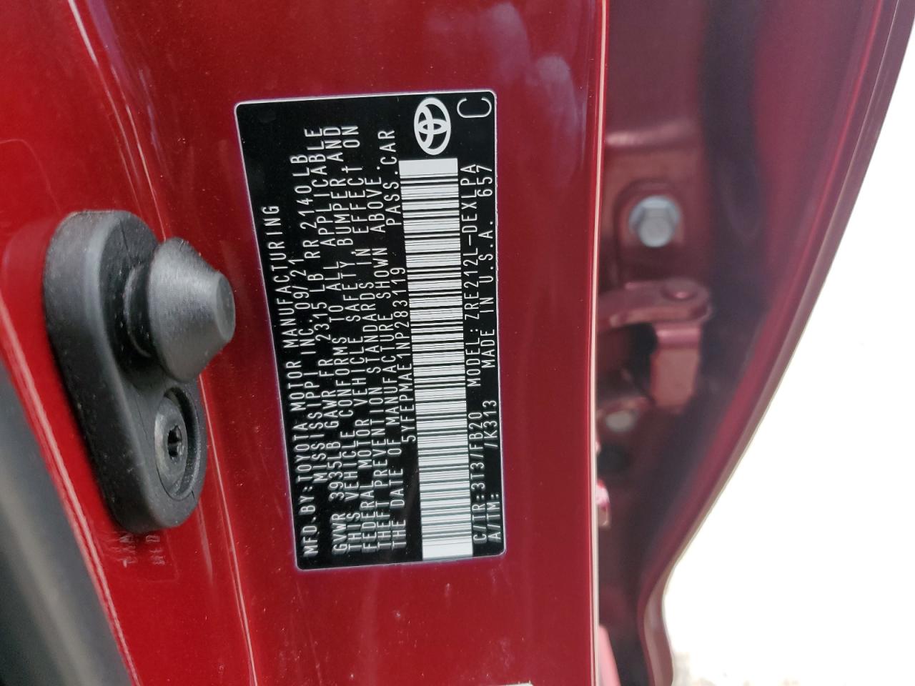 2022 TOYOTA COROLLA LE VIN:1HGCM56317A217319